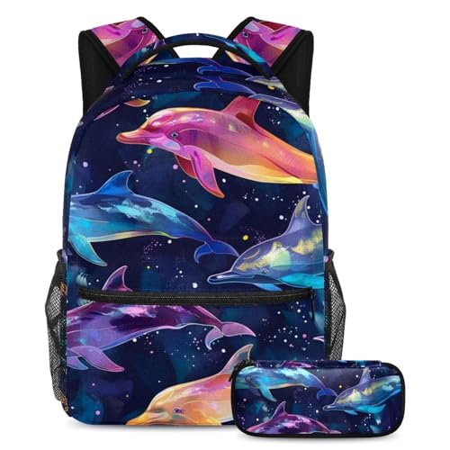 Sac à dos dauphin esthétique et coloré grand format scolaire 2pcs
