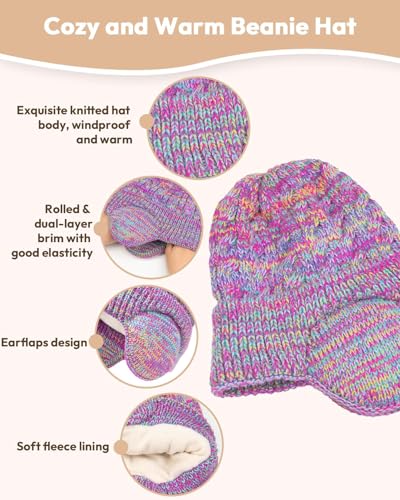 Kids Winter Hat Gloves Scarf Set,Toddler Girls Boys Beanie Hat with Earflaps,Knit Mittens & Neck Gaiter Warmer for Kids 4-122