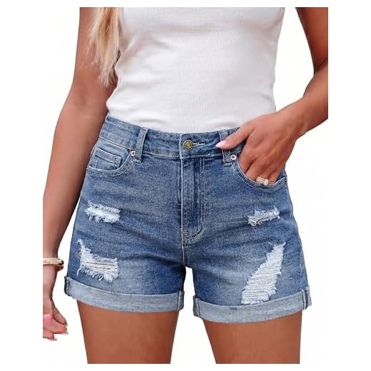 LookbookStore Jean Shorts for Women Summer Ripped Denim Shorts Women Stretchy Jean Shorts 2023 Women High Waist Ripped Folded Hem Distressed Denim Jean Shorts Pants Navy Peony Size L Size 12 Size 14