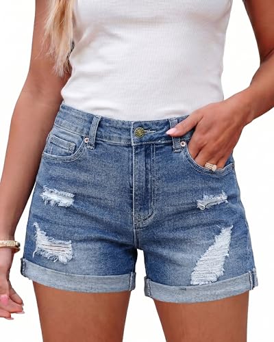 LookbookStore Summer Ripped Denim Shorts - Women's High Waist, Stretchy Jean Shorts with...