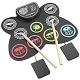 Schlagzeug Elektronisch EBXYA Tragbares Elektrisches Schlagzeug Roll Up Drum Practice Pad mit eingebauten Stereo-Lautsprechern, Drum-Pedalen, Drum-Sticks, 9 Silikon-Pads für Kinder Anfänger Urlaub