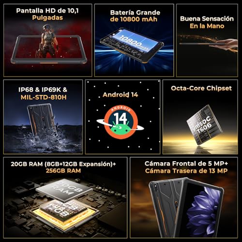 Miniatura 2 de Hotwav R10 Pro Tablet Rugerizada 2025-20gb 256gb Tf 1tb Rugged Tablet Android 14, 10.1 Hd Tablets Resistente, 10800mah, 13mp 5mp, Octa-Core, Dual Sim 4g, Ip68 Ip69k, Face Id, Gps, Otg