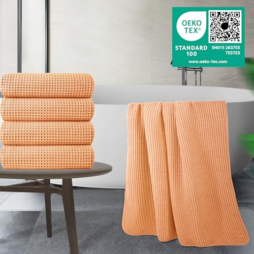 Image of POLYTE 430 GSM Microfiber Oversize Quick Dry Lint Free Bath Towel, 60 x 30 in, 4 Pack (Waffle Weave)