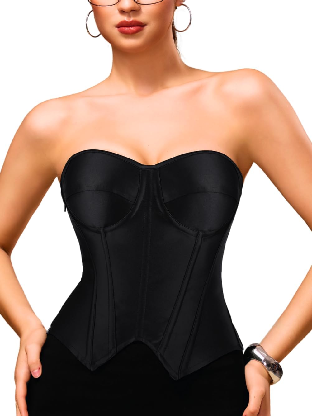 Corset Top for Women, Sexy Lace Up Overbust Bustier, Strapless Zipper Side Tops, Office Club Going Out Outfits