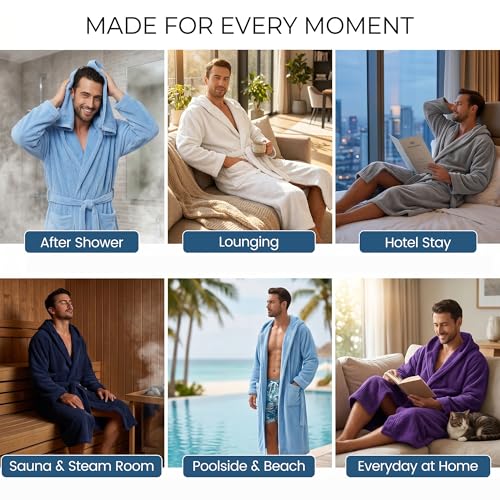 Image of PJGGZ Men's Bathrobes with Hood, Soft Long Towel Robe for Men - Super Absorbent Quick Dry yet Warm