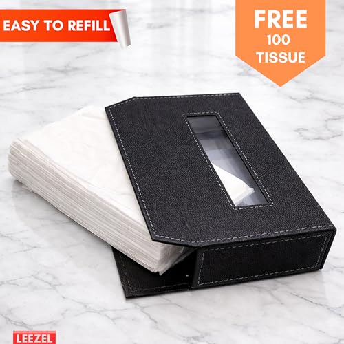 Image of LEEZEL| Tissue Box Holder with 100 Pulls Cotton Rags Tissue | Handcrafted Fine Leather - Like Finish | for Gifting, Office Desks, Cars & Home Decor | Durable & Water Resistant. (Black)