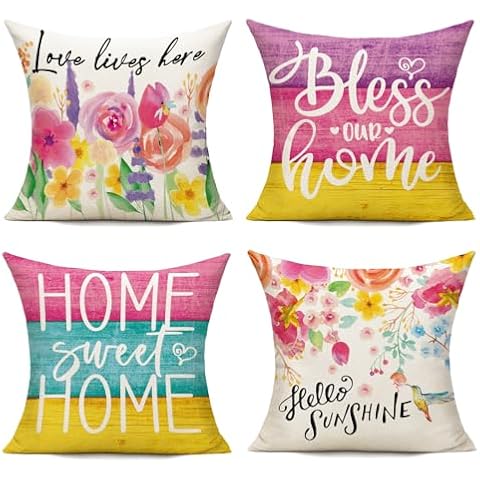 VAKADO Outdoor 20x20 Set of 4 Throw Pillow Covers Spring Summer Pastel Floral Watercolor Decorative Tropical Cushion Cases Home Porch Décor for Patio Furniture Couch Bed Sofa Cover