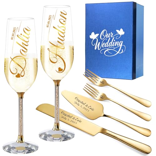 HJX Personalized Wedding Cake Knife and Server Set with Champagne Flutes, Custom Name Text Toasting Glasses for Bride and Groom, Cake Cutting Set Ideal Wedding Engagement Bridal Shower Gift