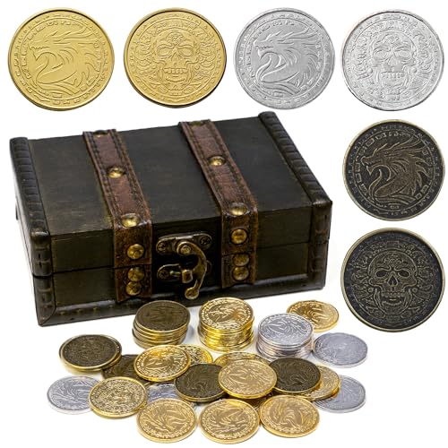 Image of metal coins pirate treasure for dnd props gifts fantasy fake gold | Metal Pirate Coins Treasure Chest Pack of 40 Perfect for D&D and Other Board Games Props Treasure Fake Gold and Gifts