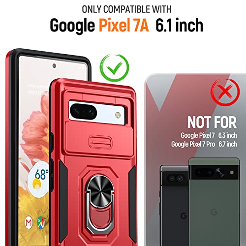 Oneagle For Google Pixel 7A Case With Screen Protector(2Pcs), Pixel 7A Phone Case With [Slide Camera Lens Cover]+[360° Rotatable Metal Kickstand] Military Grade Shockproof Case For Pixel 7A 6.1" Red #TOP1