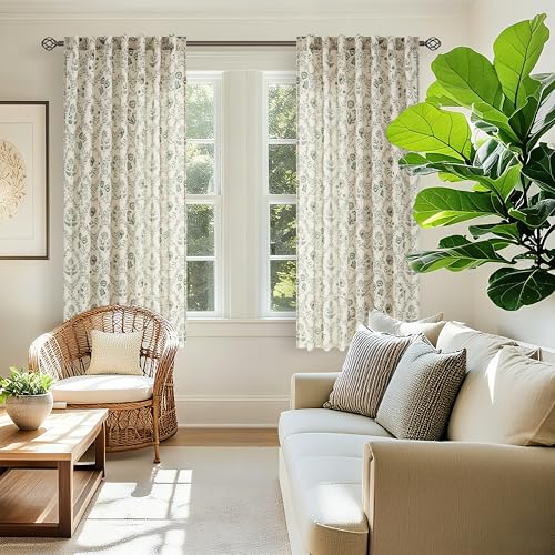 Image of Green Floral Linen Curtains Patterned Semi Sheer 72 Inch Length 2 Panels