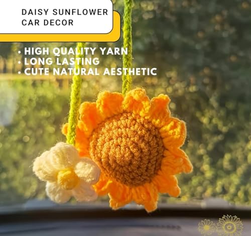 Image of VRB Dec Car Hanging Sunflower Crochet - 1 Pcs, 4pcs Flower, 5.9x2inch, Plastic, Hanging Ornament, Craft, Crochet, Car Dashboard Decoration, Car Mirror Hanging Accessories