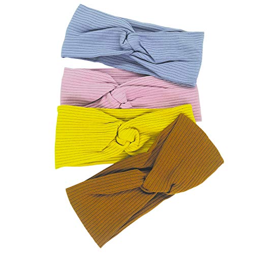 Headbands for Women, Yoga Running Boho Printed Hair Bands for Workout Sports,Elastic Retro Cotton Headwraps for Women Non Slip, Solid Color 4 Pcs