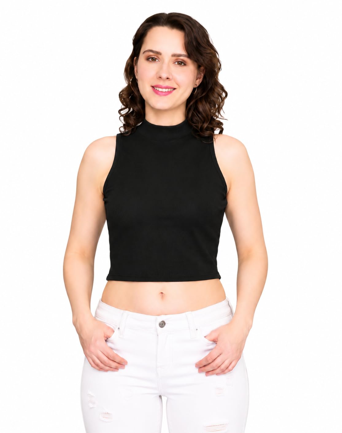 style swift Women's Black High Neck Sleeveless Crop Top, Cotton, Slim Fit, Casual-picture-54