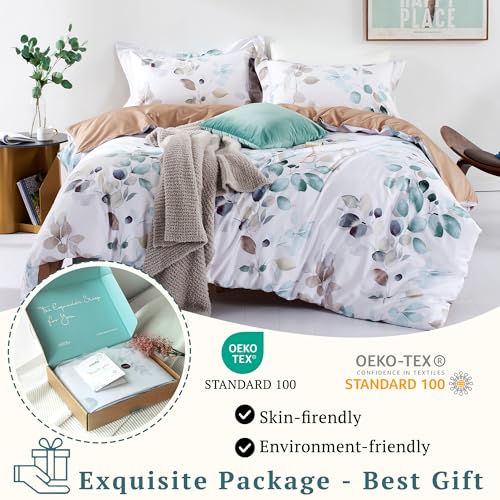 MILDLY 100% Long-Staple Cotton Duvet Cover Set Teal Blue Green Leaf Pattern Printed Comforter Cover 3pcs, Ultra Soft & Breathable Bedding Set