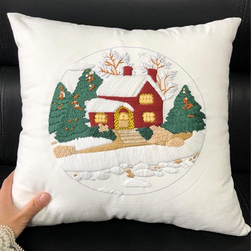 Image of FONNUY Christmas Embroidery Kit for Beginners, Throw Pillow Case Cross Stitch Set Winter Snow House Holly Tree Pattern for Adults, Hand Works Crafts Throw Pillow Cover, 18 x 18'' (White)