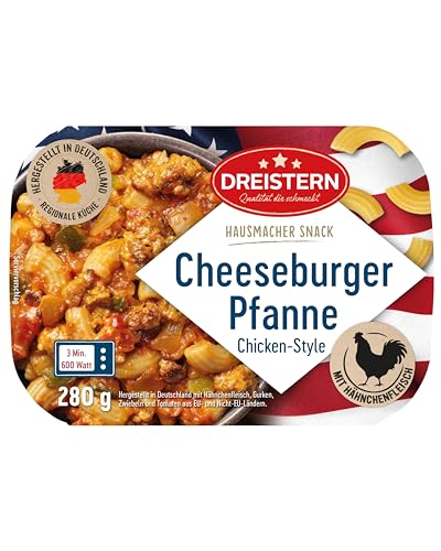DREISTERN Cheeseburger Pfanne 280g I Mit Rindfleisch & Nudeln I Herzhaftes Fertiggericht in Mikrowellenschale I Lange Haltbarkeit dank natürlicher Konservierung I Hausmacher Qualität