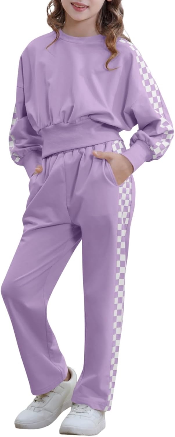 Kids Sweatsuit 2 Piece Outfits Girls Fashion Crop Long Sleeve Sweatshirts and Sweatpants (Purple,11-12 Years)