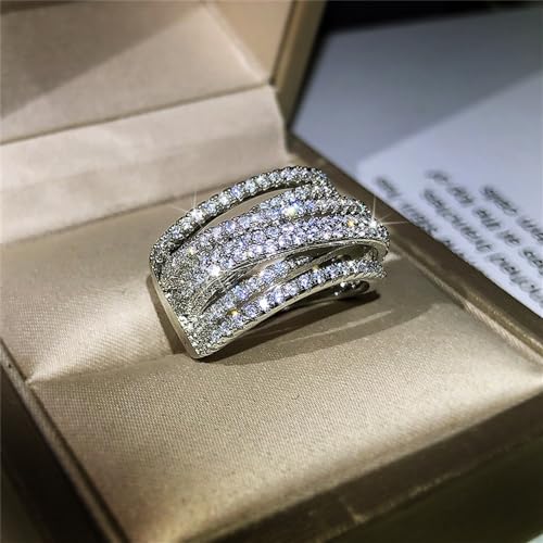 925 Sterling Silver Shiny Full Diamond Gemstone Ring 18K Gold Cocktail Criss Cross Cubic Zirconia Ring CZ Diamond Multi Row Rings Eternity Engagement Wedding Party Ring for Women Z.134 (US Code 7)