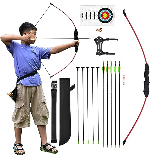 Runzkzy Arco e Freccia per Adulti, Set di Tiro con L'Arco per Principianti, Set di Archi per Giovani con Faretra e Bersaglio per Tiro con L'Arco per la Pratica e la Ricreazione nel Cortile (Rosso)