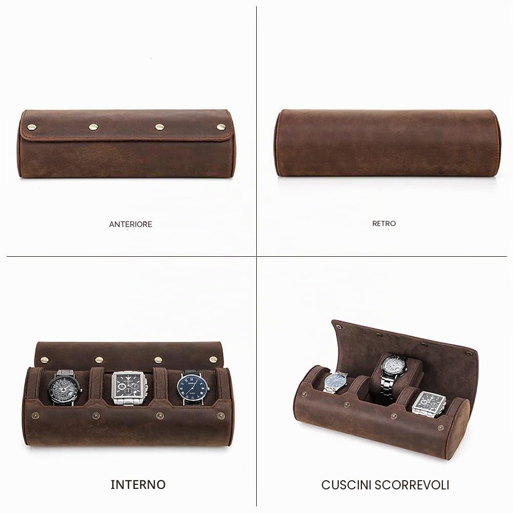 Contacts, Custodia per orologi e gioielli in vera pelle, cilindrica, protettiva, da viaggio, con cuscinetto cilindrico e morbida fodera (Caffè 2, per 3 orologi)