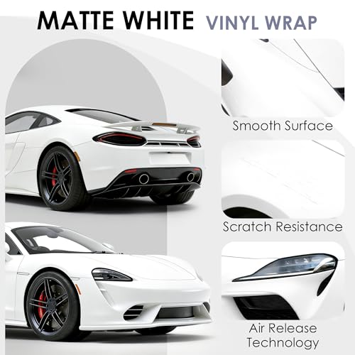 Image of 15ft x 4.9ft Matte White Car Vinyl Wrap, Car Wrap Vinyl Roll for Cars Body Protection, Scratch Resistance with Air Release Technology (Matte White)