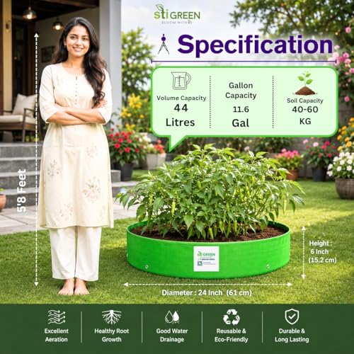 Image of HDPE Grow Bags for Plants 24X6 Inch (Pack of 15) | 260 GSM Heavy Duty UV-Protected Round Green Colour Plant Bags for Terrace and Vegetable Gardening | Strong & Reusable|