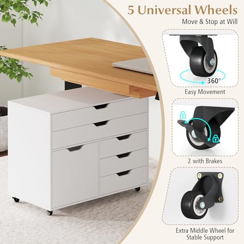 Image of DREAMADE File Cabinet, Rolling File Cabinet with 5 Drawers, Door & Lockable Metal Wheels, Mobile Filing Cabinet with Storage, Wood Printer Stand for Home Office Study (White)