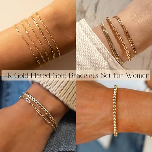 iF YOU Gold Bracelets for Women, 14K Gold Plated Stackable Bead Ball Cuban Link Paperclip Bracelets Bracelet Set, Layered Adjustable Bracelets for Women Waterproof Jewelry for Gift 5pc3