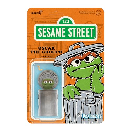 Super7 Reaction Sesame Street Oscar The Grouch - Figura de acción de Plaza Sésamo de 3.75 Pulgadas con Accesorios coleccionables y Juguetes Retro
