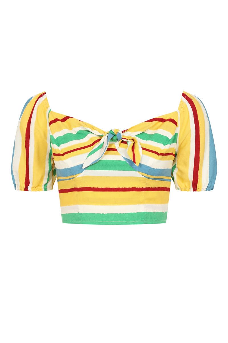 Hell Bunny Women's Multi-Coloured Stripes Top Solange Crop Vintage Striped Top Blouse, Xs