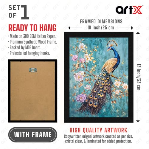 Image of ArtX Paper Peacock Painting For Wall Vastu, Peacock Wall Decor, Bedroom, Multicolor, Abstract, 13.0 X 10.0 Inch, Set of 1