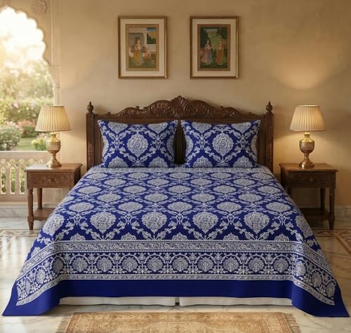 Image of BSB HOME Premium Cotton Double Bedsheet with 2 Pillow Covers, 240 TC Soft Breathable, Skin Friendly & Hypoallergenic, Jaipuri Printed (90 x 100 Inches) (Sanganeri Print - Blue)