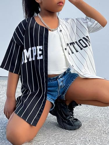 Verdusa Girl's Letter Print Striped Drop Shoulder Loose Shirt Casual Button Down Blouse Top3