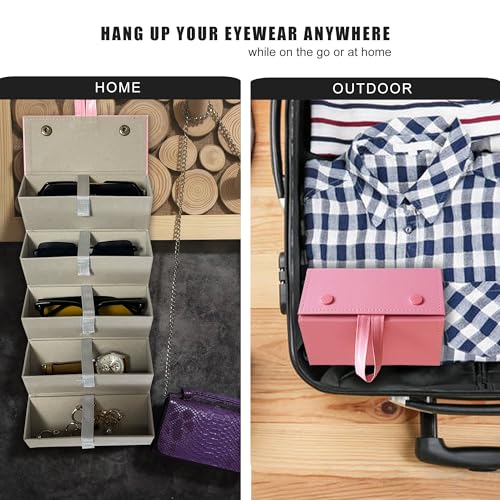 Image of Longjet Glasses Case Travel Sunglasses Organizer Leather Eyeglasses Storage Box Multiple Slots Hanging Eyewear Holder
