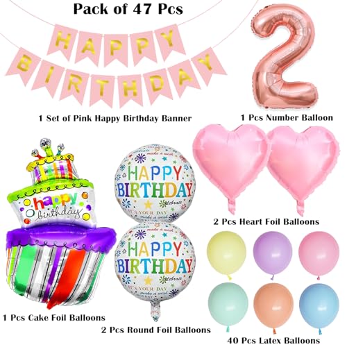 Image of Rozi Decoration 2nd Birthday Decoration Kit - 47 Pcs Pink Theme with Number 2 Balloon, Happy Birthday Banner & Cake Foil Balloon for Baby Boy & Girl Second Bday