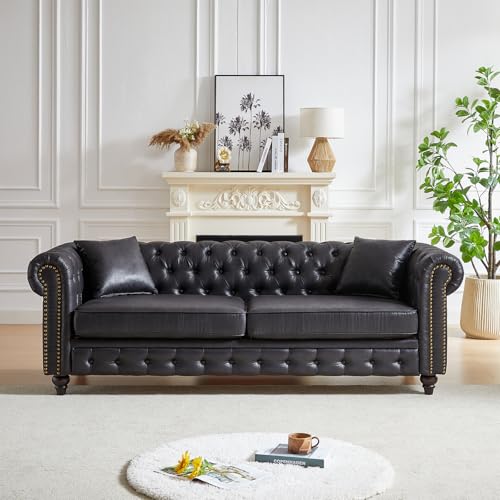 Image of Modern Chesterfield Sofa Couch, 85.5-inch Faux Leather 3-Seater Sofa with Rolled Arms and Tufted Button for Living Room, Office, Black