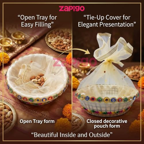 Image of Habba Net Frill Gift Basket with Mirror Work & Gold Ribbon, 9 Inch Decorative Hamper Basket for Gifts, Sweets & Dry Fruits, Wedding, Baby Shower, Griha Pravesh & Festive Return Gift Box, Pack of 10