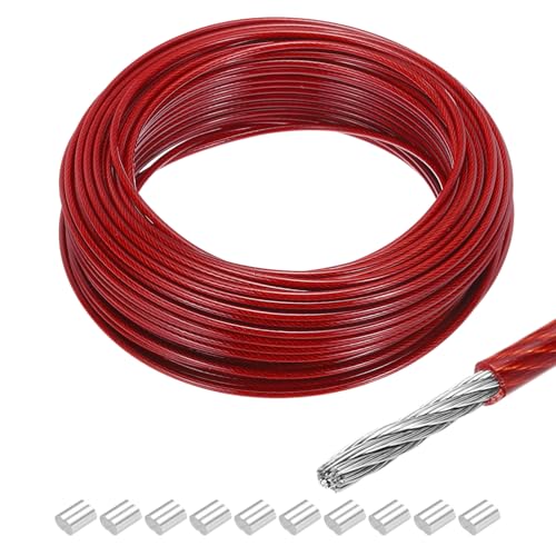 QUARKZMAN 100 Pies (30 Metros) de Cable de Acero Inoxidable 304 de 1/8 (3 mm) Recubierto de Vinilo con 10 Piezas de Manguitos de Aluminio para Colgar, Tendederos, Elevación Rojo