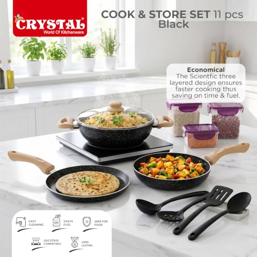 Image of Crystal Aluminum 11 Pcs Non Stick Cookware Set with Induction Bottom | Tawa, Fry Pan, Kadhai with Lid, 4 Serving Spoons, 3 Containers | 4 Layer Non Stick Coating | PFOA Free | Black