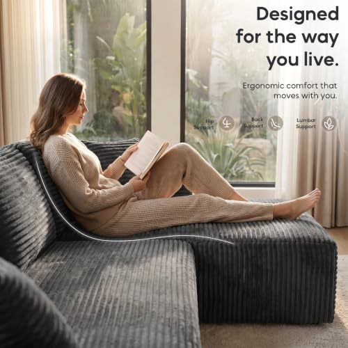 Image of 133 inch Oversized Cloud Boneless Sofa Couch with Chaise, Modern Corduroy U Shaped Modular Sectional Sofa with Deep Seat, Comfy Couch with Cupholders and Storage, No Assembly Required-Grey