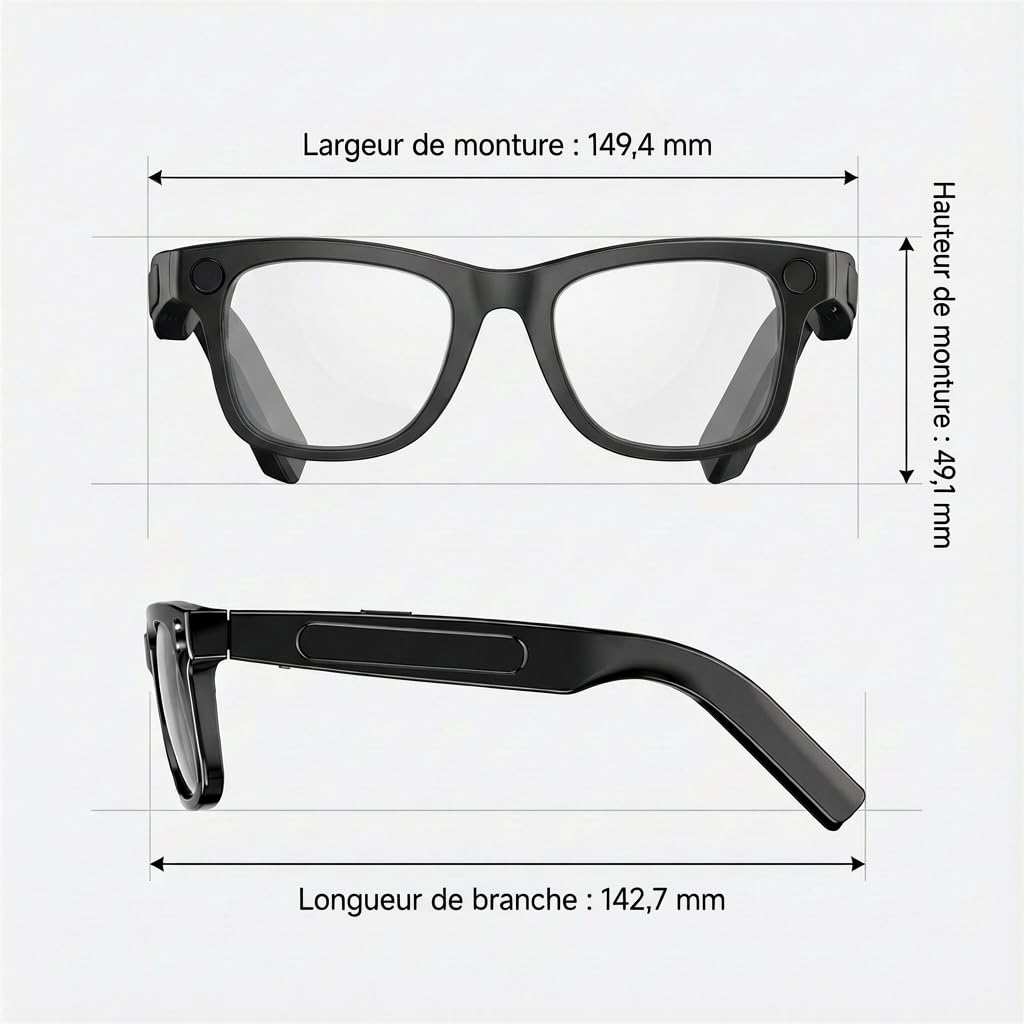 Lunettes Camera HD, 8MP 1080P Lunette Connectées IA, Processeur Double Cœur avec Assistant IA pour Traduction en Temps Réel, 410Mah Offrant 16 Heures d'Autonomie, Wi-FI Bluetooth Lunette Intelligente