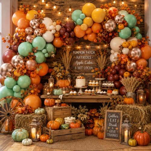 Image of Fall Balloon Garland Arch Kit Burnt Orange Little Pumpkin Party Decorations | 124pcs Terracotta Coffee Sand White & Sage Green Metallic Gold Thanksgiving Balloon Autumn Harvest Birthday Baby Shower Decor
