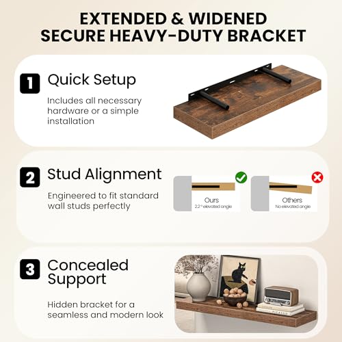 Image of Fun Memories 12 Inch Floating Shelves for Wall Set of 3, Wood Grain Bathroom Shelves with Invisible Brackets, Easy Install Wood Storage Shelves for Kitchen, Living Room, Bedroom, Brown