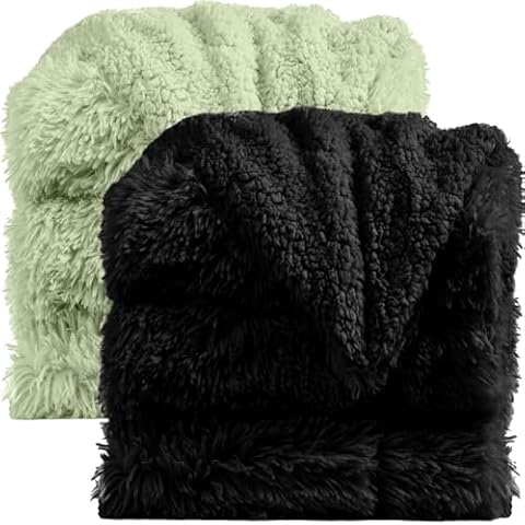 The Connecticut Home Co Throw Blanket for Couch, Soft Luxury Home Decor Shag and Sherpa, Cozy Throws for Bed, Warm Comfy Bedding Accent Blankets 65x50, Black and Sage, 2 Item Bundle Cover