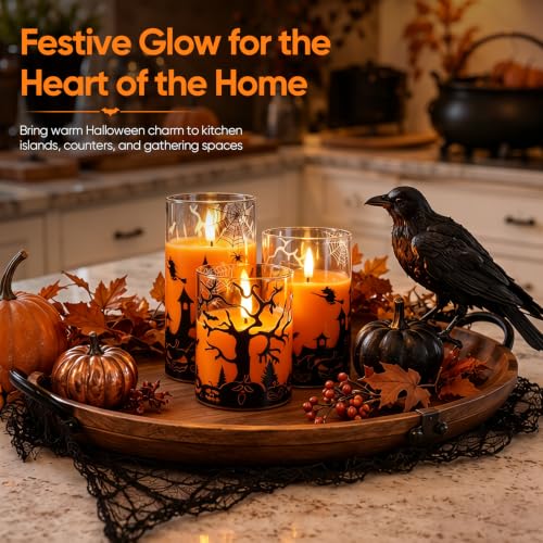 Image of Homemory Halloween Flameless Candles, Glass Shell, Remote Timer, Set of 3
