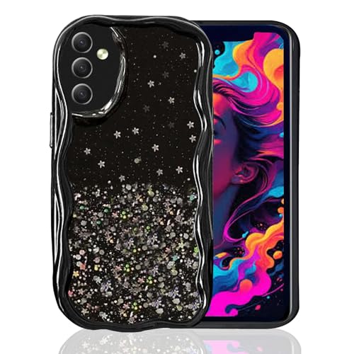 Image of KC Back Cover for Samsung Galaxy A35 5G - Non Moving Dry Fixed Glitter Curly Wave Shape Shockproof Bumper Soft Silicone Case with Camera Protection (Black)