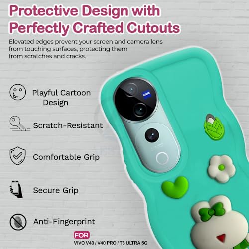 Image of AESTMO Back Case Cover for Vivo V40 / V40 Pro / T3 Ultra 5G | 3D Cute Fun Cartoon Characters | Anti Slip Grip Cute Wave Curly Frame Shape | Full Body Protection Back Cover (MintGreen)