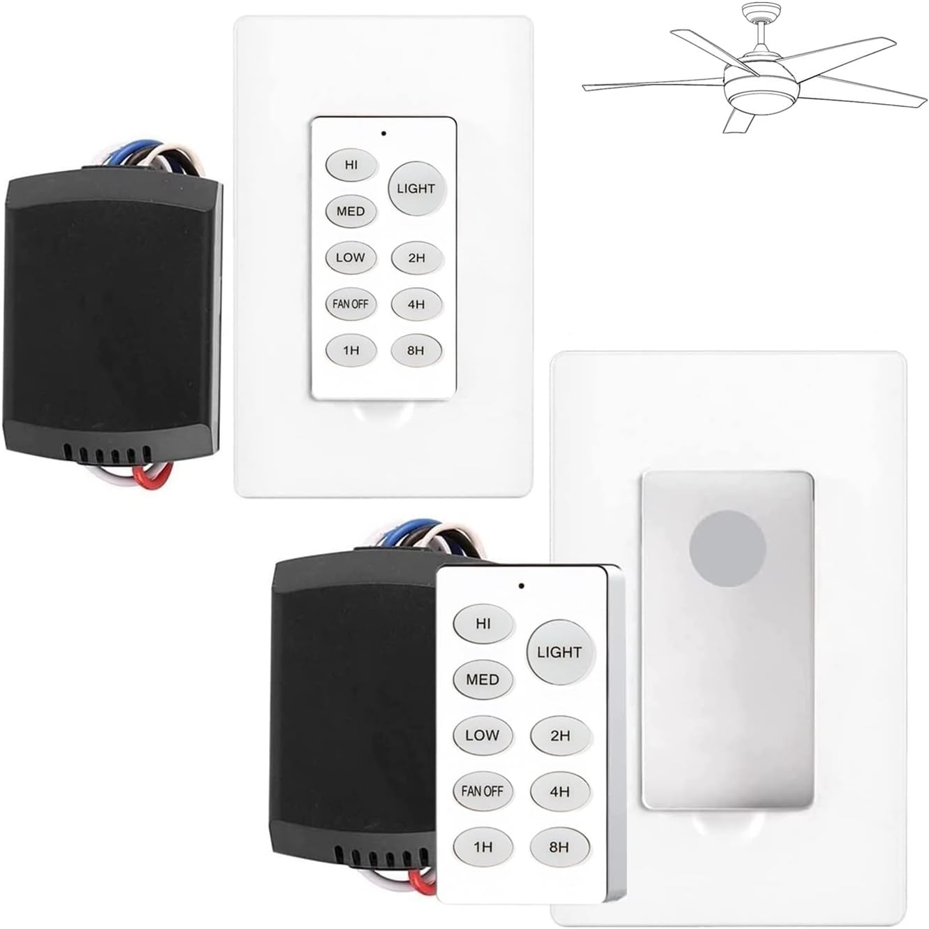 Nexete Universal Ceiling Fan Remote Control Kit,Wireless Wall Mounted Remote Control Switch & Receiver Replacement for Hunter Westinghouse Honeywell Hampton Bay (2-Pack Receiver & Scene Remote)