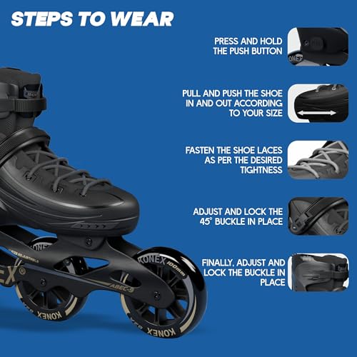 Image of Konex Premium 3 Wheel Inline Skates | Adjustable 100 MM PU Rubber Wheel Roller Skating Shoes for Boys and Girls (Size Euro 35-38, Black)